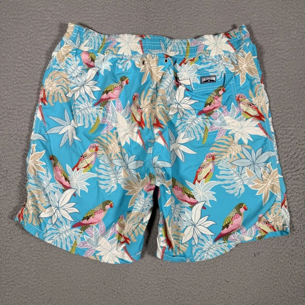 Villebrequin Shorts Mens XXL Blue Floral Parrot All Over Swim Board Pockets Logo